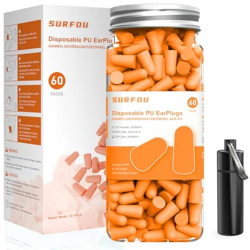 SURFOU Tapones Oidos Ruido Dormir 60 Pares, 38 dB Reducción, Reutilizables y de Espuma Ultra Suave, Ideales para Personas que Duermen de Lado, Viajes, Casa y Estudio, Mandarina