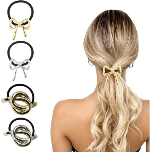 COYUN 4 Pcs Coletero Pelo Mujer Puños De Metal, Coletero Dorado Para Boda, Cinta Elástica Atacaño, Pinza Para Cola De Caballo, Accesorio Pelo