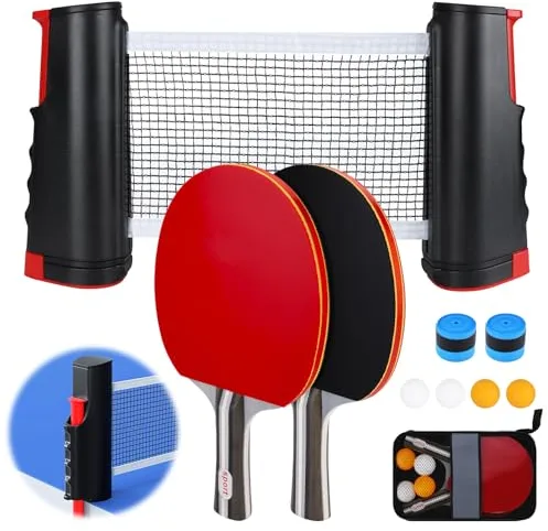 BBWELL Sets de Ping Pong,2 Raquetas de Ping Pong,4 Pelotas (2 Amarillas,2 Blancas),Red Plegable,2 Cintas para el Mango y Bolsa de Transporte,Set Completo portátil,Ideal para Interior y Exterior