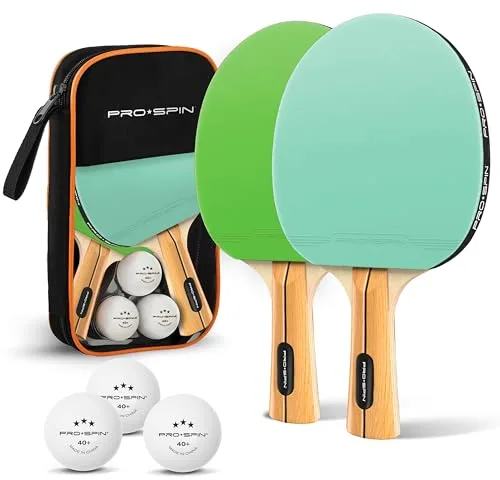PRO-SPIN Palas de Ping Pong - Set con Raquetas de Tennis de Mesa Premium, Pelotas Ping Pong 3 Estrellas y Estuche Compacto | Set Profesional de Raquetas y Pelotas (Set de 2 Jugadores, Menta/Verde)
