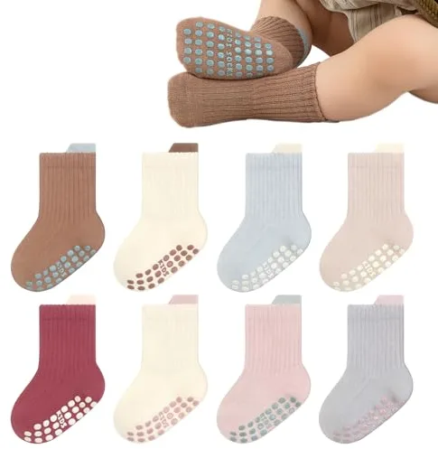 YANWANG 8 Pares de Calcetines Antideslizantes con Agarre para Bebé Calcetines de Tripulación Transpirable para Pequeños Niños Niñas(Brown+Pink,M:1-3Y)