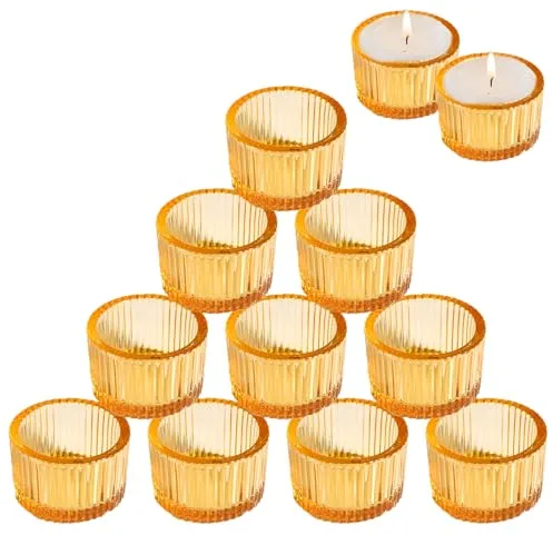 Portavelas de Té de Cristal, 5 cm x 3,5 cm, Juego de 12 Portavelas con Textura, Porta Velas Pequeñas de Cristal, para Fiestas de Cumpleaños, Decoración del Hogar y Bodas, Dorado