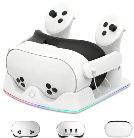 Jubor Estación de Carga Compatible Meta Quest 2/3/3S, Base de Carga Rápida para Quest 3 con Iluminación RGB, Cargador para Consola VR, Accesorios VR