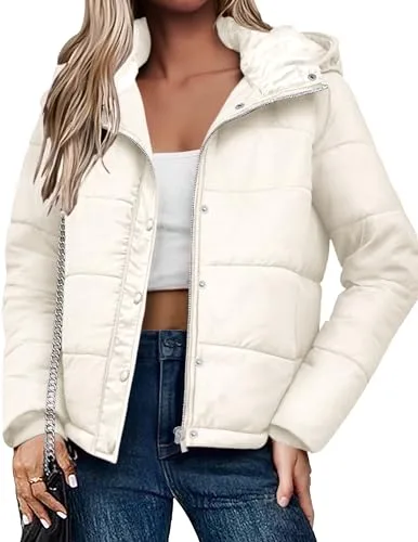 Zeagoo Abrigos de invierno para mujer, abrigo acolchado corto, chaqueta de invierno cálida, chaqueta acolchada ligera, chaqueta de entretiempo con capucha, beige, XL
