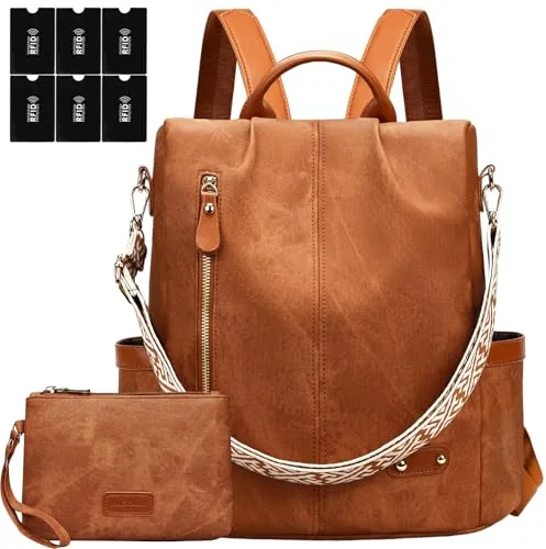 ONETOALL Bolso Mochila Mujer Casual, Mochila Antirrobo Mujer Impermeable en PU Cuero, Mochilas Mujer Pequeña Marrón con bolsillos RFID, Convertible en Bolso de Hombro y Mano para Viajes Uso diario