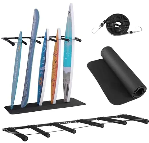 VEVOR Soporte de Pared para Tablas de Surf, Soporte Vertical para Tablas de Surf de 5 Niveles para Almacenamiento y Exhibición, Organizador Ajustable para Kiteboards, Esquís y Snowboards, Negro
