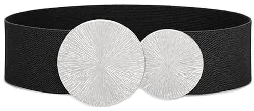 LIUYIDM Cinturón Elástico para Mujer, Cinturón de Cintura Ancho, Cinturón de Moda con Doble Hebilla Redonda para Vestido, Camisas, Abrigo, Talla única (Plata)