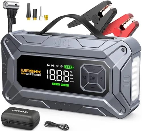 WIRSHK Arrancador de Coche con Compresor de Aire, 8000A 160PSI Arrancador Portátil para Baterías (8.0L Gasolina/10L Diésel), Batería Externa 12V con Cables de Arranque, Pantalla LCD, 2 LED