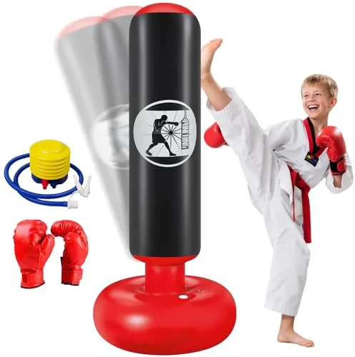 Ninonly Saco de Boxeo Niños, 160cm Saco de Boxeo Hinchable con Guantes y Bomba, Punching Ball 3 a 12 Años Regalos para Niños y Niñas, Bolsa de Box para Practicar MMA Karate Taekwondo