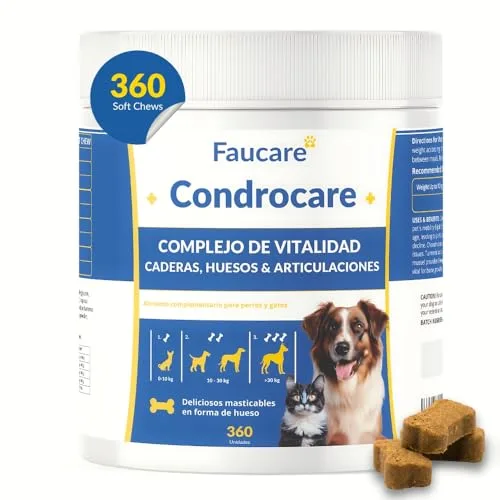 Condroprotector Perros 360 Masticables (1 Año) Colágeno Magnesio y Calcio, Mantenimiento Articular, Glucosamina, Condroitina, Cúrcuma, Vitality Complex para Movilidad, Huesos. Faucare