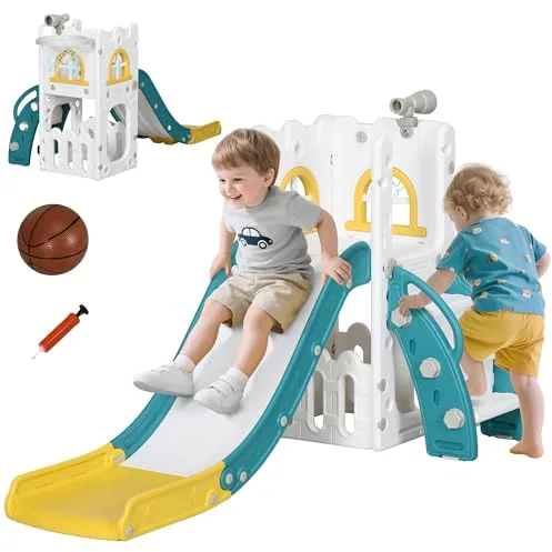 AIYAPLAY Tobogán Infantil 5 en 1, Tobogán para Niños de 1-3 Años con Aro de Baloncesto, Telescopio, Escalador y Cesta Inferior, para Interior y Exterior, Amarillo y Verde