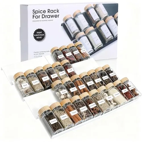AiQInu Especiero para Cajones 8 Piezas, Organizador de Cajones de Especias, Estante Especias Extensible de 23 a 46 cm, para Almacenamiento de Cocina, Encimera, Armario, Estante