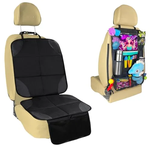 Elsrantor Protector Asiento Coche Silla Bebe, Antideslizante Impermeable Funda Coche Asiento Compatible Isofix con Organizador Bolsillos, Universal Protector Seguro Respaldo para Asiento Infantil