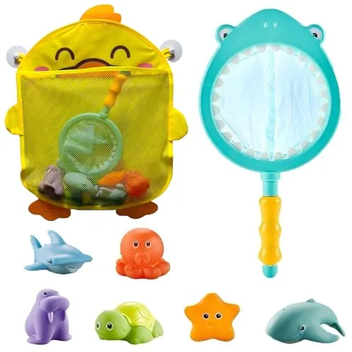 8 PiezasJuguetes de Baño, Moxiewell Juguetes de Natación del Animales Flotante con Red de Pesca y Organizador, Juegos Acuático Educativo para Bebés Niños y Niñas de 1 2 3 4 5 6 Años (B)
