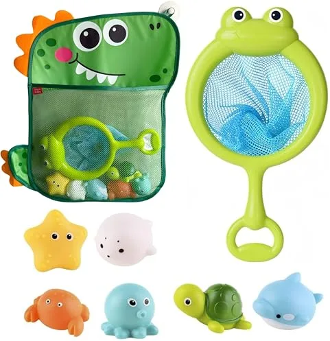 8 PiezasJuguetes de Baño, Moxiewell Juguetes de Natación del Animales Flotante con Red de Pesca y Organizador, Juegos Acuático Educativo para Bebés Niños y Niñas de 1 2 3 4 5 6 Años (A)