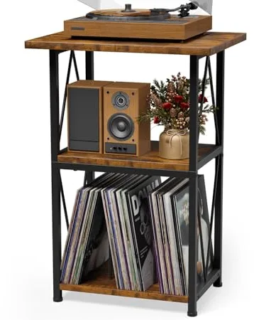 HFHOME Soporte ampliado para tocadiscos, mesa auxiliar de 3 niveles con soporte para discos de vinilo, mesa de tocadiscos de 50 x 40 cm con almacenamiento, soporte giratorio para reproductor de vinilo