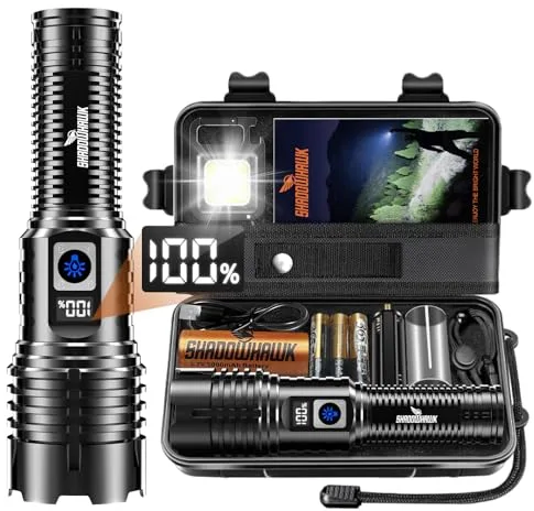 Shadowhawk Linternas LED Alta Potencia 1,000,000 Lúmenes | Militar Linterna 1000M Largo Alcance, 12H Iluminación 5000mAh Linterna Led Recargable, para Emergencias/Camping, 5 Modos & Pantalla LCD