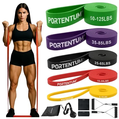 PORTENTUM Gomas elasticas musculacion Set de 11 – Bandas de Resistencia 5 Niveles Intensidad – Asas, Anclaje Puerta, Fundas y Bolsa – Gimnasio en casa Hombres y Mujeres – Fuerza Fitness Crossfit Yoga