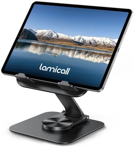 Lamicall Soporte Tablet, Soporte Tableta Mesa Escritorio - [Base Metálica Giratoria 360°] Porta para iPad Ajustable y Plegable para iPad Pro, Air, Mini, Samsung, iPhone, Otras Tablets de 4,7-13"