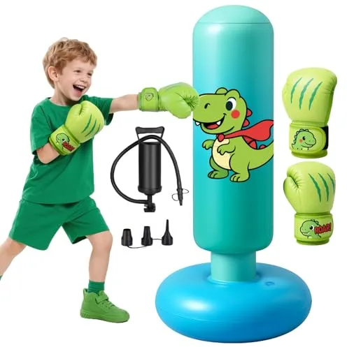 Saco de Boxeo de Pie, 120 cm Saco Boxeo Niños, Inflable Bolsa De Boxe con Guantes y Bomba para Practicar MMA Karate Taekwondo Punching Ball para 3-8 Niños