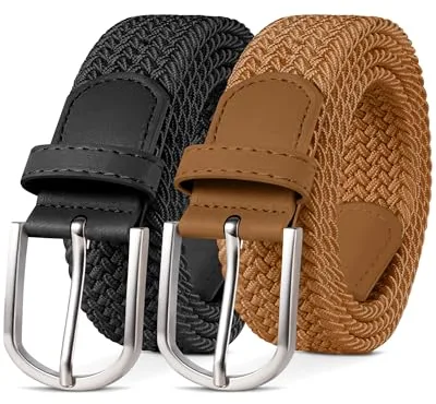 YOUCHAN Pack de 2 Cinturones Elásticos Trenzados Unisex 3.3 cm, Ajustables y Cómodos, para Hombre y Mujer Negro Marrón 120 cm
