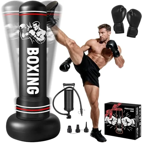 Saco de Boxeo Adultos, 190cm Sacos de Boxeo de Pie on Guantes y Bomba de Aire, Punching Ball Inflable Entrenamiento para Karate, Kickboxing, PVC Fitness Boxeo Regalo Ideal
