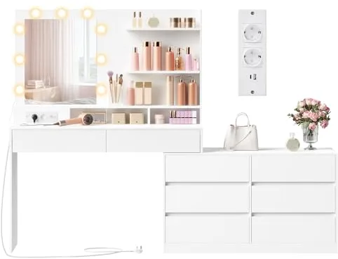 VASAGLE Kailyn Colección - Tocador con Espejo LED y Regleta, 9 Bombillas, 8 Cajones, 3 Estantes, Iluminación de 3 Colores, Modular en Línea o en L, Mesa de Maquillaje, Blanco Nube RDT140WB01