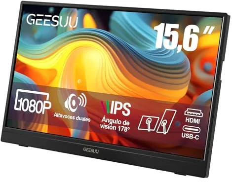 GEESUU 15.6 Inch Monitor Portátil, Pantalla Ordenador IPS, 60Hz PC Segunda Pantalla con Altavoces Integrados, Soporte Giratorio de 90°, HDMI/USB-C/Type-C