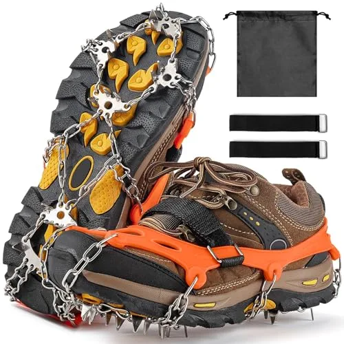 XUNIVERS Crampones para Botas de Senderismo,24 Dientes Tacos de Hielo Inoxidable,Engrosadas Garras de Zapatos de Acero Tracción Antideslizante para Botas Zapatos para Caminar,Trail,Correr,Trekking