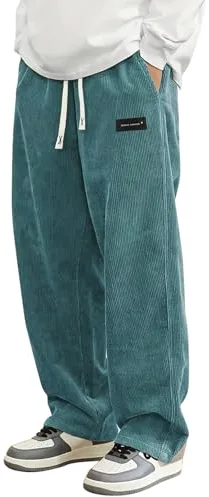 PADOLA Pantalones de Pana para Hombre Pantalón Holgado Cintura con Cordón Casuales Elásticos Cálido y Cómodo(L,Azul)