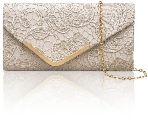 Larcenciel Bolso Fiesta Mujer Albaricoque, Elegante Bolso de Mano de Satén con Encaje y Cadena Desmontable, Nude Clutch Fiesta de Noche Vintage con Estampado Floral para Boda, Fiesta, Cena, 22x11x5CM