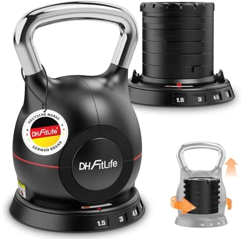 DH FitLife Pesa Rusa Ajustable 7 en 1 (1,5-10kg), Kettlebell con 7 Niveles de Peso, Mancuerna Kettlebell para Entrenamiento de Fuerza, Pesas para Casa y Gimnasio, Compacta y Ahorra Espacio