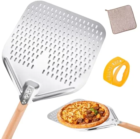 BBWELL Pala Pizza de Acero Inoxidable, Pala para Pizza Perforada 12 Pulgadas[73cm] y Mango de Madera Extraíble(con Cuchillo para Pizza)