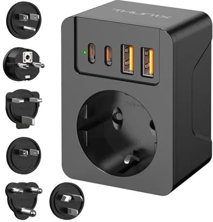 Adaptador Enchufe Universal, THUNIX Adaptador de Viaje con 2 USB-C(PD 20W) y 2 USB-A, Enchufe de Viaje Universal Travel Plugs para EU,Reino Unido, Americano, Canadá, Australia Más de 180 Países(Negro)
