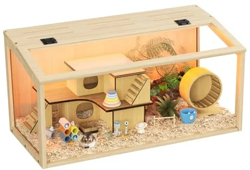 BingoPaw Jaula para Hámster, 60x40x40cm Jaula Hamster Madera con Luces LED Integradas y Paredes de Vidrio Templado para Hámsters Enanos Jerbos y Animales Pequeños