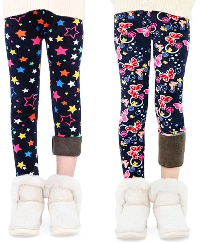 FILOWA Leggings Térmicos para Niña 2-Pack Forro Polar Pantalones Infantiles Mariposas Estampado Negro Largos Calentitos Mallas Cálido Stretch Legging Otoño Invierno Alta Elásticos Malla para 5-6 Anos