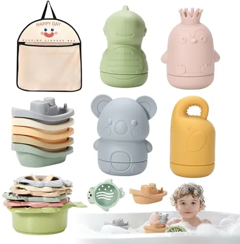 TOSUTO 15 Piezas Juguetes Baño Bebé,Juguetes Bañera para Bebe Niños Niñas de 1 2 3 Años con Animales Que Lanzan Chorros,Barcos y Red de Almacenamiento,Juguetes de Natación del Flotante para Niños