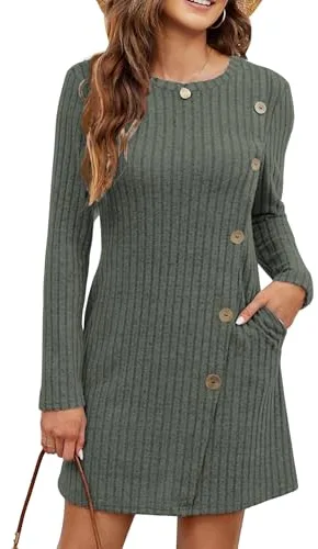 Koerye Vestido para Mujer Invierno Casual Manga Larga Vestidos Suéter Elegante Midi con Cuello Redondo Vestido Túnica con Botones Laterales y Bolsillos Verde,M
