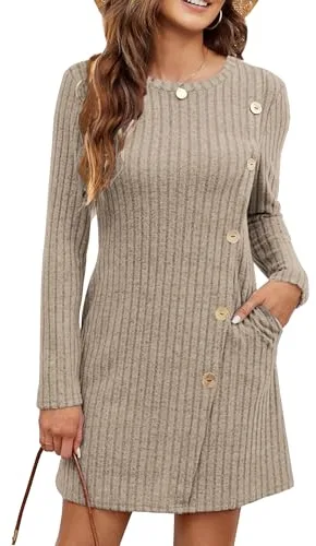 Koerye Vestido Punto Mujer Manga Larga Cuello Redondo A-Line Casual Suéter de Punto Vestidos Túnica con Botones Otoño Invierno Caqui,M