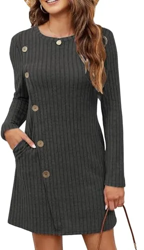 Koerye Vestido para Mujer Invierno Casual Manga Larga Vestidos Suéter Elegante Midi con Cuello Redondo Vestido Túnica con Botones Laterales y Bolsillos Gris,XL