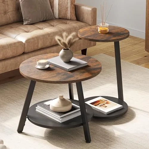 YITAHOME Mesa de Centro Redonda, Juego de 2 Mesas Auxiliares, Mesas Bajas Nido con Mesa Auxiliar en Forma de C, Mesa de Sofá con Espacio de Almacenamiento para Salón, Dormitorio, Marrón Rústico