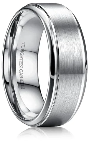 CASSIECA Anillo Hombre Tungsteno Anillo para Hombre Plata 8MM Anillos de Compromiso Promesa Boda Superficie Mmate Borde Pulido Tallas 66
