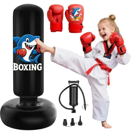 Qoosea Saco de Boxeo Niños 3-8 Años, 130cm Saco de Boxeo de Pie con Bomba de Aire y Guantes de Boxeo, Bolsa de Boxeo Inflable Estable para Karate, Kickboxing, MMA, Regalo Ideal para Niños y Niñas
