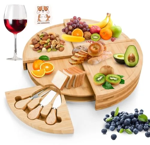 BBWELL Set Tabla de Queso de Bambú y Cuchillos,Tabla de Quesos de Bambú,Tabla de Quesos Redonda,Bandeja de Servir de Bambú,para Servir Embutidos,Picnics,Fiestas,Frutas,Verduras,Carne