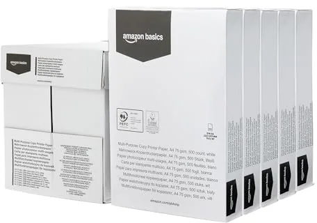 Amazon Basics Papel Multiusos para Fotocopias, A4, 75g/m², 2500 Unidades (Paquete de 5), Blanco