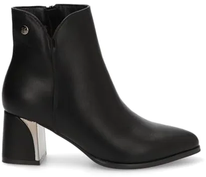 Etika Botines de Tacón Ancho para Mujer, Botín Elegante de Punta Almendrada con Detalle Metálico en el Tacón de 6cm, Cierre con Cremallera, Modelo 32019 Negro - 38