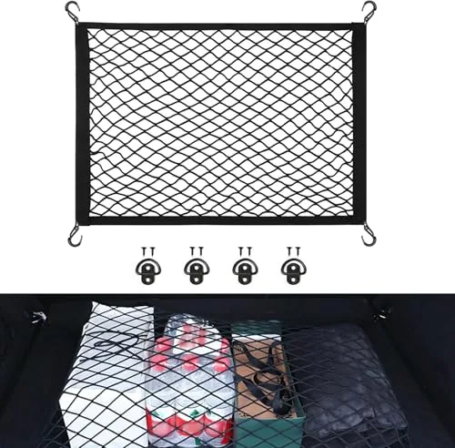 APKOL Red de Maletero para Coche 60×40cm, Extensible hasta 120×80cm, Red Elástica Almacenamiento con 4 Ganchos y 4 Anillos Metálicos, Organizador Universal para Coche, SUV, Negro