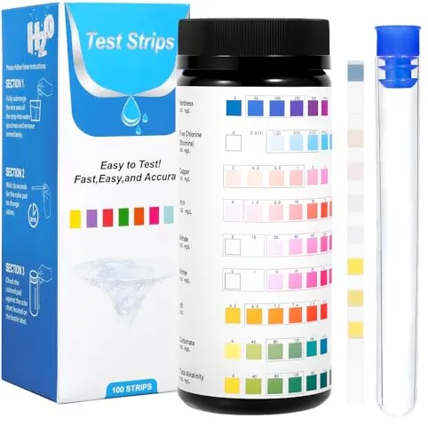 Zorplex 100 Tiras Reactivas 9 en 1 para Acuario, Kit de Prueba de Agua para Medir pH, Dureza, Cloro, Nitratos, Nitritos, Hierro, Carbonatos y Alcalinidad Total, Accesorio para Acuarios y Estanques