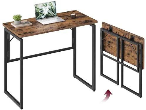 VASAGLE Mesa Plegable, Escritorio Plegable, Tablero de una Pieza, Bordes Redondeados, para Dormitorio, Balcón o Camping, Fácil Montaje, 80 x 40 cm, Marrón Rústico LWD151KD01