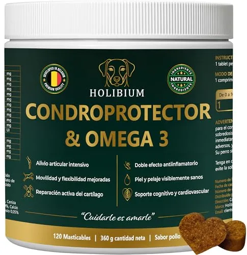HOLIBIUM Condroprotector Perros Y Omega 3 Perros,120 uds, Suplemento Natural, Protege Articulaciones,Fortalece Cartilagos, Glucosamina, Condroitina, MSM, Colágeno, Ácido Hialurónico y Aceite de Krill